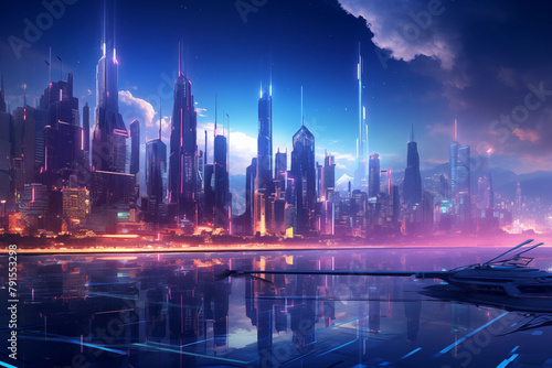 Neon city capital towers with futuristic technology background cyber punk