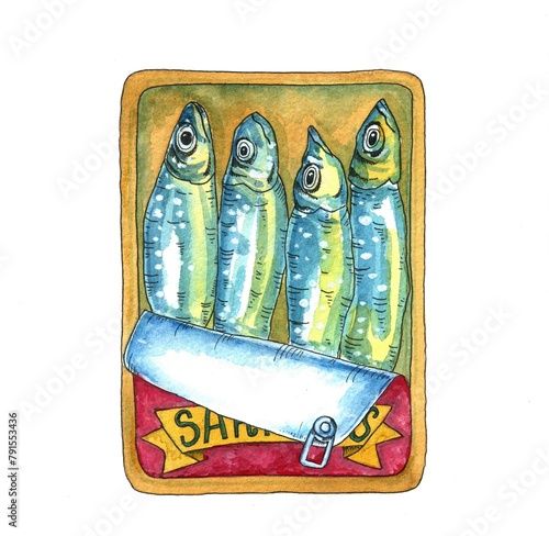 watercolor turquoise sardine fish in an open tin can