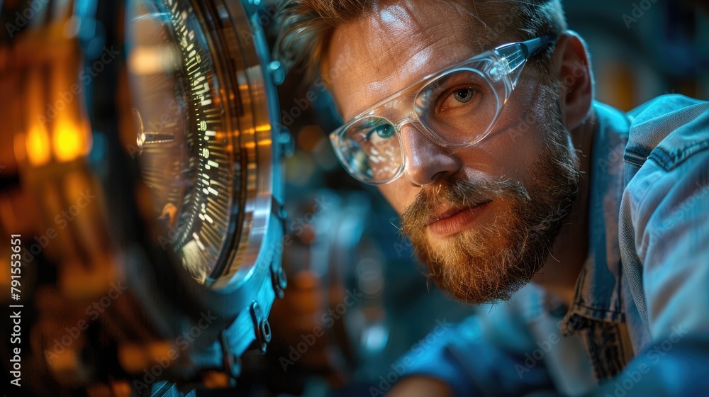 Engineer wearing safety glasses and examining a piece of machinery with a flashlight