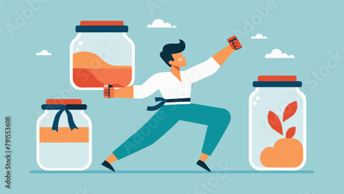 A series of illustrations demonstrating how to use leverage and momentum from martial arts moves to open stuck jars or bottles.