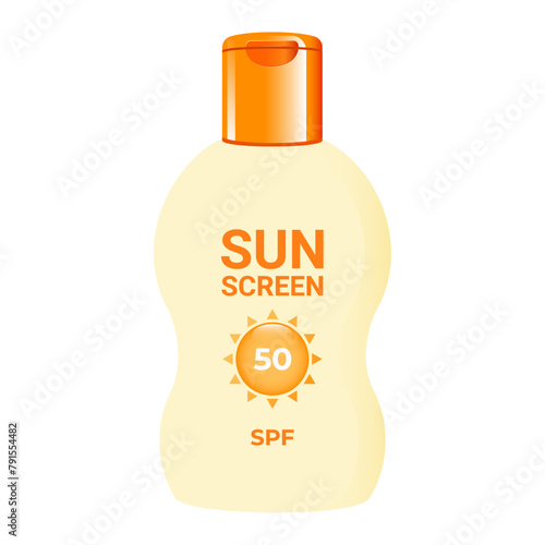 Sunscreen lotion. Cosmetic product with SPF for skin care for sun protection. Isolated vector illustration