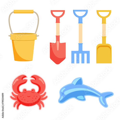 A set of children's beach toys for playing in the sand. Bucket, shovel, rake, scoop, molds for creating figures from sand. Vector illustration