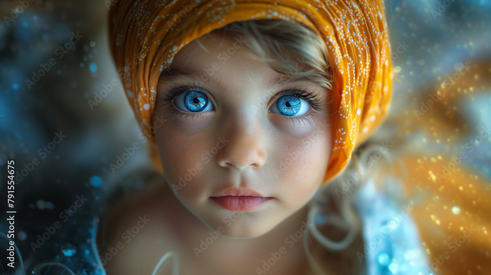 Little girl with beautiful blue eyes. Illustration. Generative AI