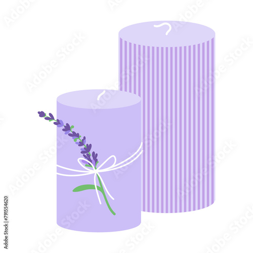 Lavender aroma candles in purple color with a sprig of lavender and a bow. Isolated vector illustration