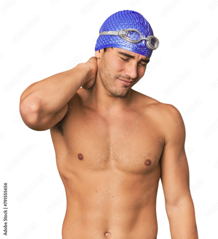 Young Hispanic man with swim gear suffering neck pain due to sedentary lifestyle.