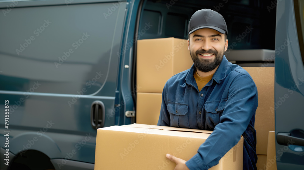 Efficient and Friendly Delivery, Smiling Delivery Man and His Van Delivering Packages on Schedule, Generative AI Efficient and Friendly Delivery, Smiling Delivery Man and His Van Delivering Packages on Schedule, Generative AI