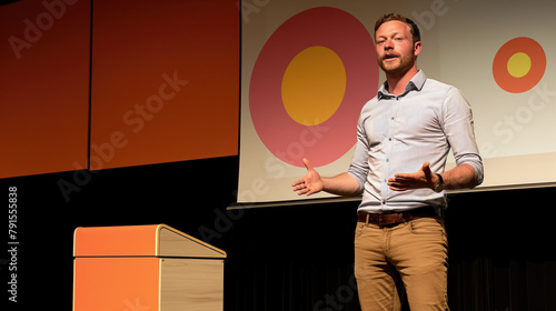 Making an Impression, A Man Talking on Stage at a Business Conference Meeting Presentation, Generative AI