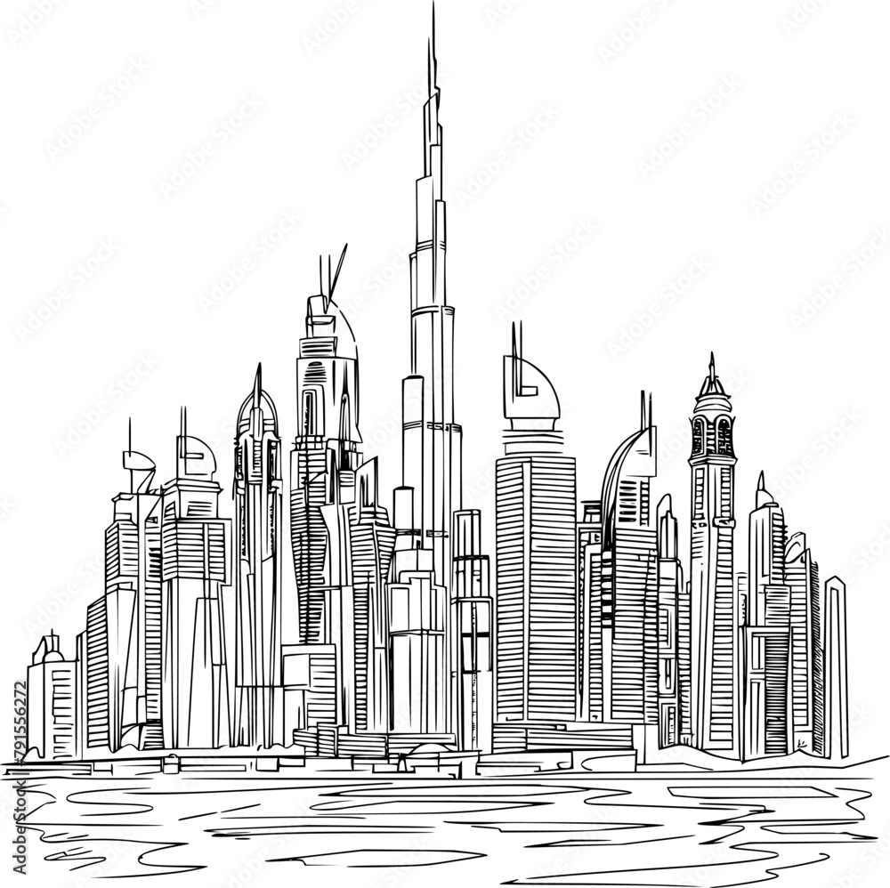 Art Deco-Inspired Continuous Line of City Resembling Dubai, Elegant Design