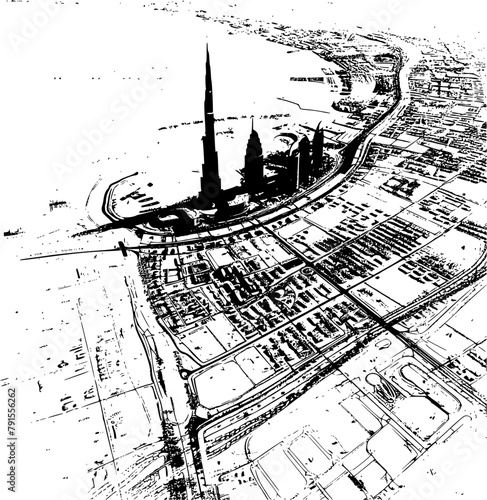 Aerial View Wireframe Map of Dubai, Geometric Representation