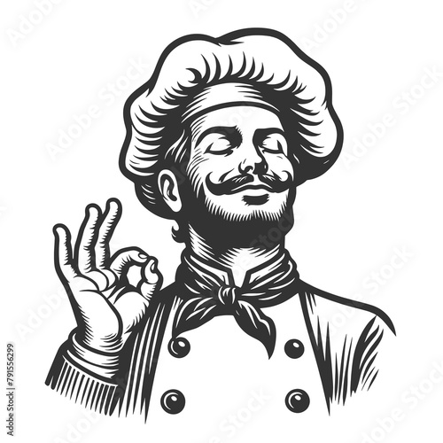 italian or french chef making a perfect taste hand gesture, culinary excellence satisfaction sketch engraving generative ai fictional character raster illustration. Black and white image. photo