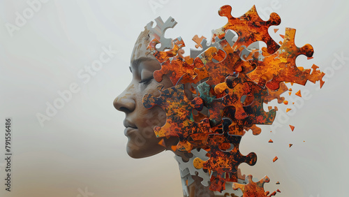 Mental Health Struggles: Puzzle Pieces Symbolizing Dementia and Memory Loss, Human Head Dissolving Mental Health Challenges
