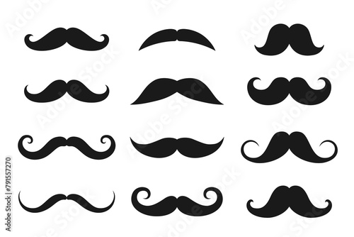 Mustaches graphic icons set. Male mustaches in retro style signs isolated on white background. Vintage symbols. Vector illustration
