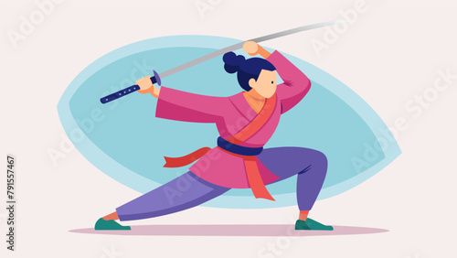 An artistic rendition of a person performing a sword form accompanied by a discussion of how the discipline and control required in martial