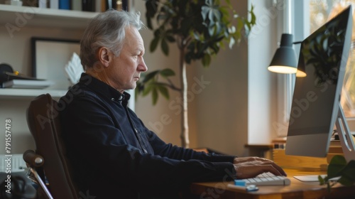 Senior Man at Computer Desk photo