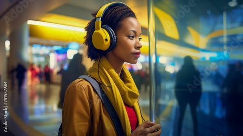 Woman Enjoying Music in Urban Setting. Generative ai