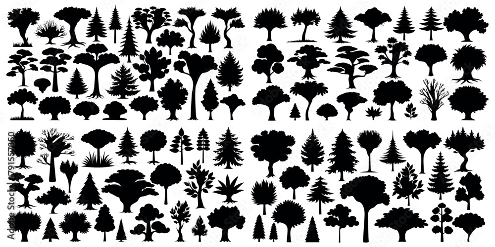 a collection of black and white illustrations of palm trees.