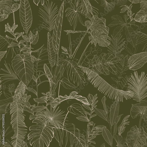 Elegant seamless pattern with green hand drawn line tropical leaves and flowers. Floral pattern. Vintage green background.