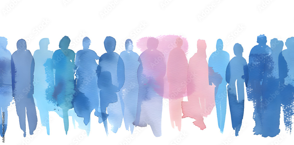 Group of people silhouettes standing together in the style of rainbow colors watercolor isolated on transparent background