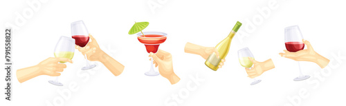 Hand Holding Drink and Different Beverage Vector Set