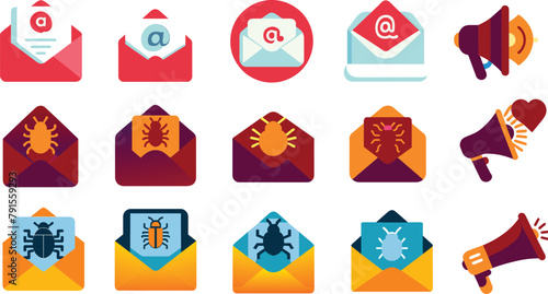 Set of flat e-mail virus, communication icon, vector illustration.