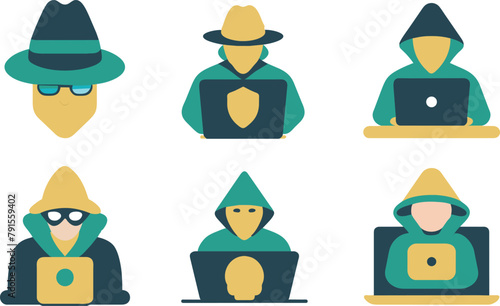 Set of flat hacker, danger and security icon, vector illustration.