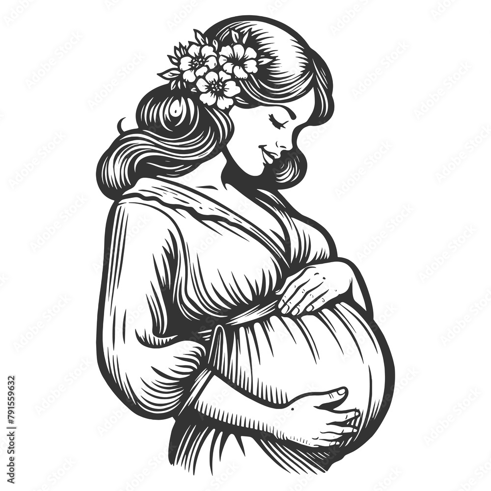 Serene happy pregnant woman cradling her belly, with hair flowing in the wind sketch engraving generative ai fictional character raster illustration. Scratch board imitation. Black and white image. Serene happy pregnant woman cradling her belly, with hair flowing in the wind sketch engraving generative ai fictional character raster illustration. Scratch board imitation. Black and white image.