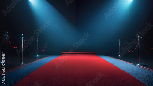 red carpet lies between velvet ropes and is illuminated by two spotlights.