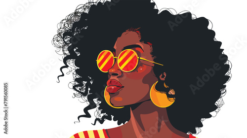 Black woman frizzy hair with African flag glasses. Ce