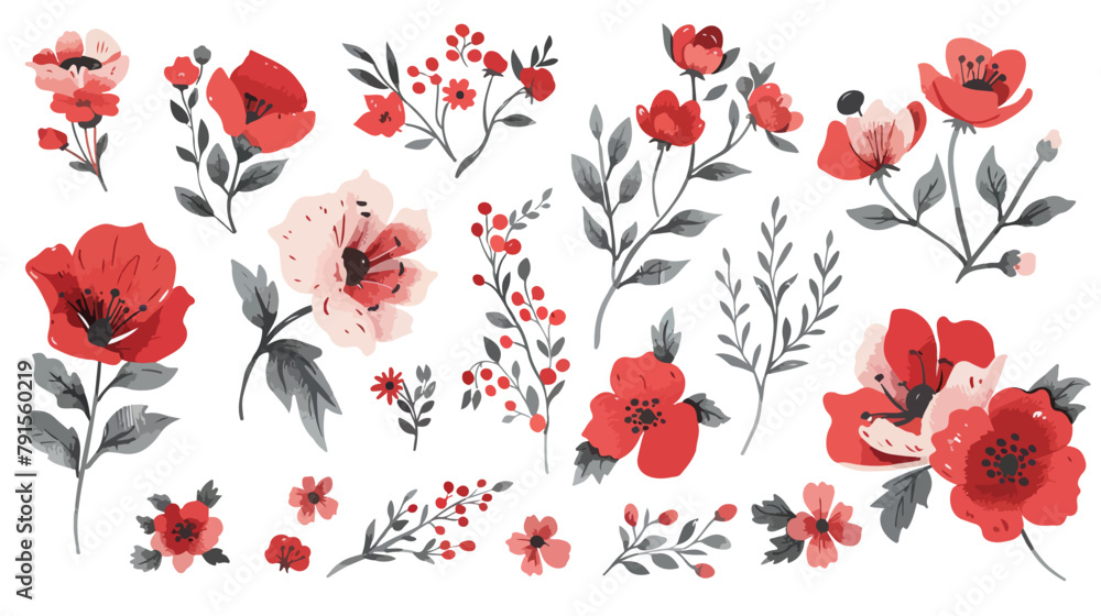 Blooming Red flowers and cute floral branches with le - obrazy, fototapety, plakaty 