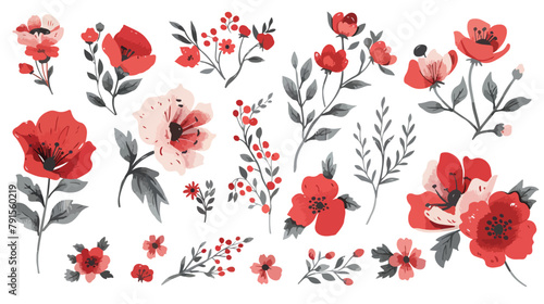 Blooming Red flowers and cute floral branches with le