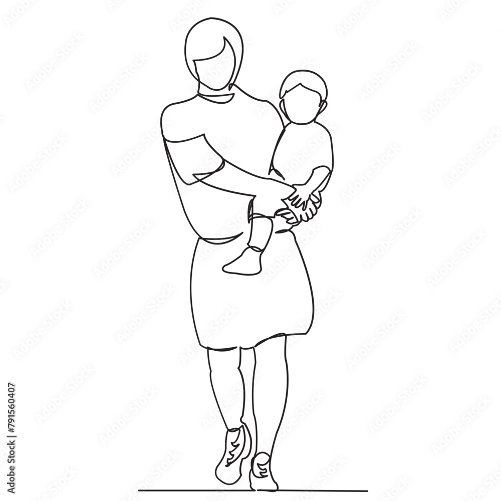 continuous single drawn one line with a child on hands painted by hand picture silhouette. Line art. character mommy with a baby in his arms for a walk continuous single drawn one line with a child on hands painted by hand picture silhouette. Line art. character mommy with a baby in his arms for a walk