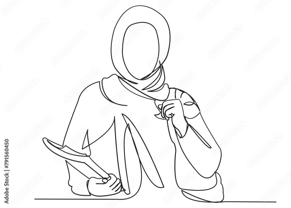 continuous single drawn one line Muslim girl student drawn by hand picture silhouette.Line art. Muslim character is educated continuous single drawn one line Muslim girl student drawn by hand picture silhouette.Line art. Muslim character is educated