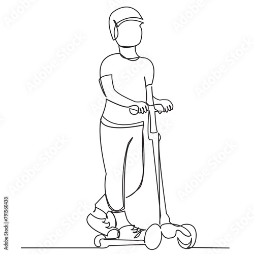 continuous single drawn one line child on scooter drawn by hand picture silhouette. Line art. character the child is riding a scooter