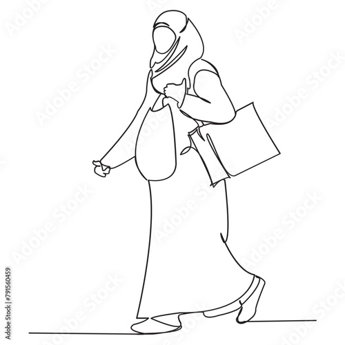 continuous single drawn one line Muslim woman shopping drawed by hand picture silhouette.Line art. the character of a modern Muslim woman is shopping