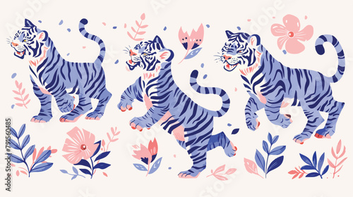 Blue Roaring Tigers collection. Vector illustration o