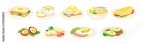 Tasty Egg Dish Served on Plate with Yolk and Garnish Vector Set