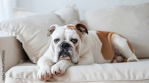 Bulldog on white sofa looking quizzically into camera