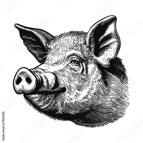 pig engraving black and white outline