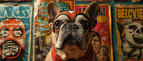 A French bulldog in a luchador mask, looking ready to jump into the wrestling ring, set against a backdrop of Mexican wrestling posters photo