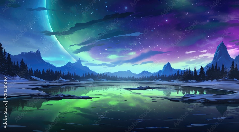 Oasis mirroring the aurora borealis in a seasonal dance Oasis mirroring the aurora borealis in a seasonal dance