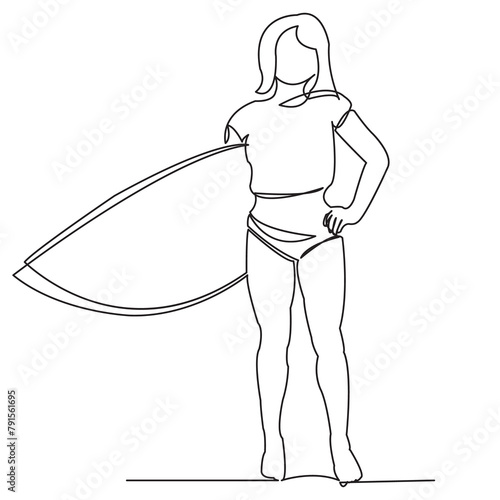 Photography continuous single drawn one line girl with surfboard drawn by hand picture silhouette