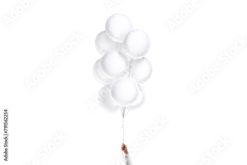 Hand holding blank white round balloon bouquet mockup, isolated (ID: 791562254)