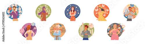 Mindset Types with Man and Woman Character Have Different Thinking Vector Set