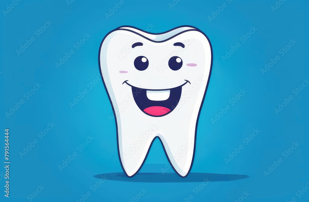funny smiling cartoon character of white tooth on blue background. pediatric dentistry, stomatology. funny smiling cartoon character of white tooth on blue background. pediatric dentistry, stomatology.