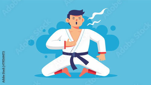 With a sharp breath a martial artist braces their abdomen to absorb a powerful strike to their core.