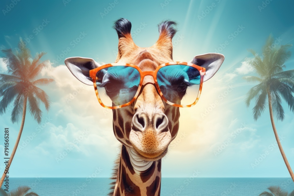 Obraz premium cool giraffe with sunglasses on tropical beach background