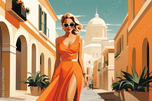 beautiful woman in orange dress walk in mediteran city in summer illustration photo