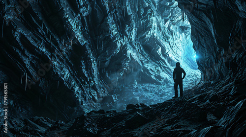 Man exploring dark fantasy cave 3d illustration