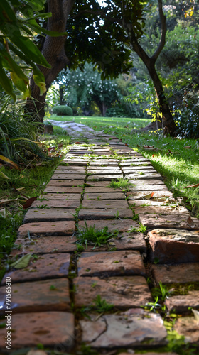 Old brick path among grass in a garden, grass and green plants in sun rays, AI
