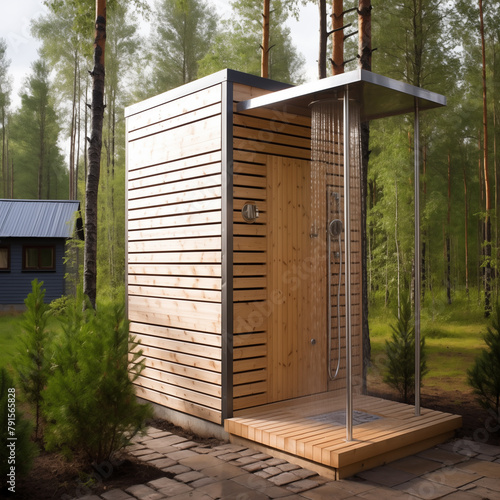 Modern outdoor shower cabin in forest garden. Landscape design, landscape architecture, summer shower cabin, green trees and shrubs around
